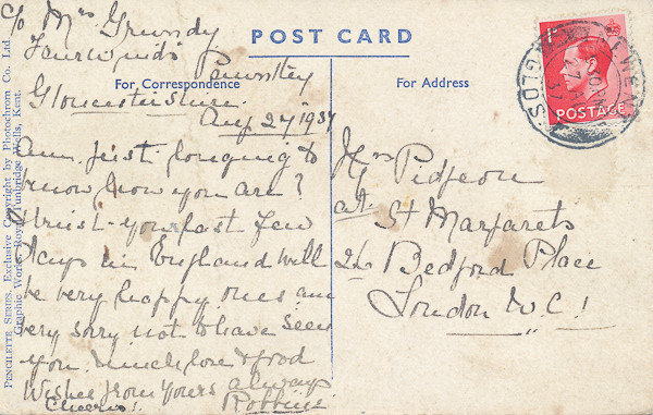 Postcard to Thirza 27 Aug 1937