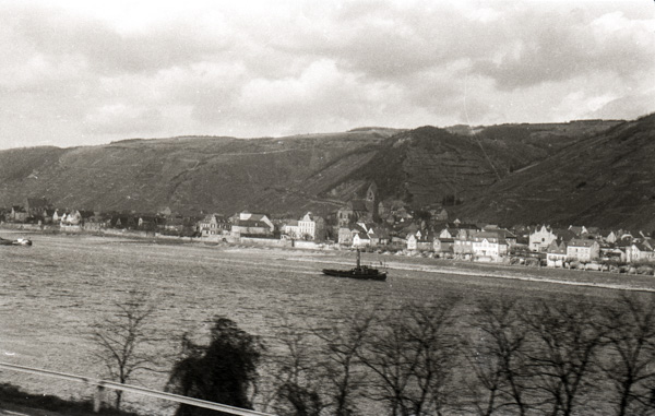 The Rhine River from aboard the Lorelei Express train travelling from Holland to Zurich; 27 November 1956